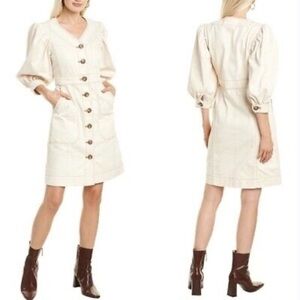 TORY BURCH dress cream size 4 denim puff sleeve knee length button boho casual
